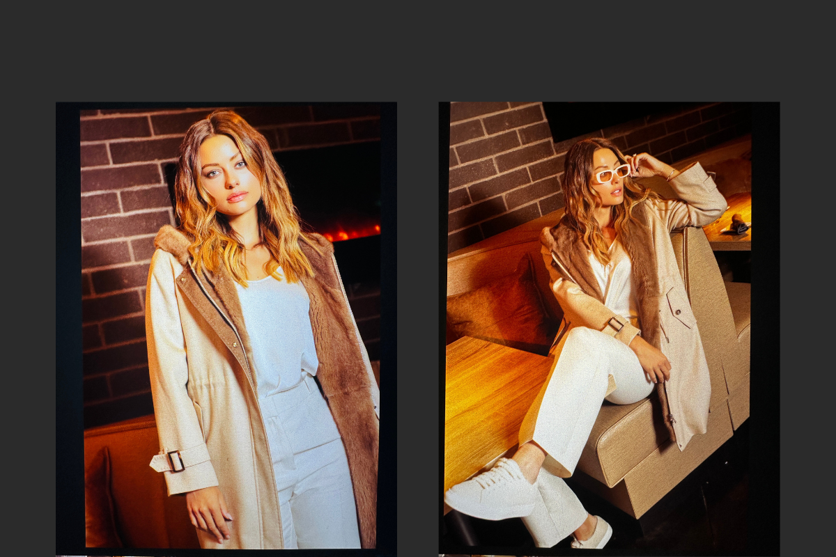 Two images of a model wearing a Hyde luxury cashmere trench coat with mink fur lining — styled standing and seated for a versatile day-to-evening look
