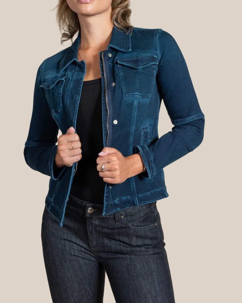 Beale dark blue denim jacket — pocket detail and Italian stitching