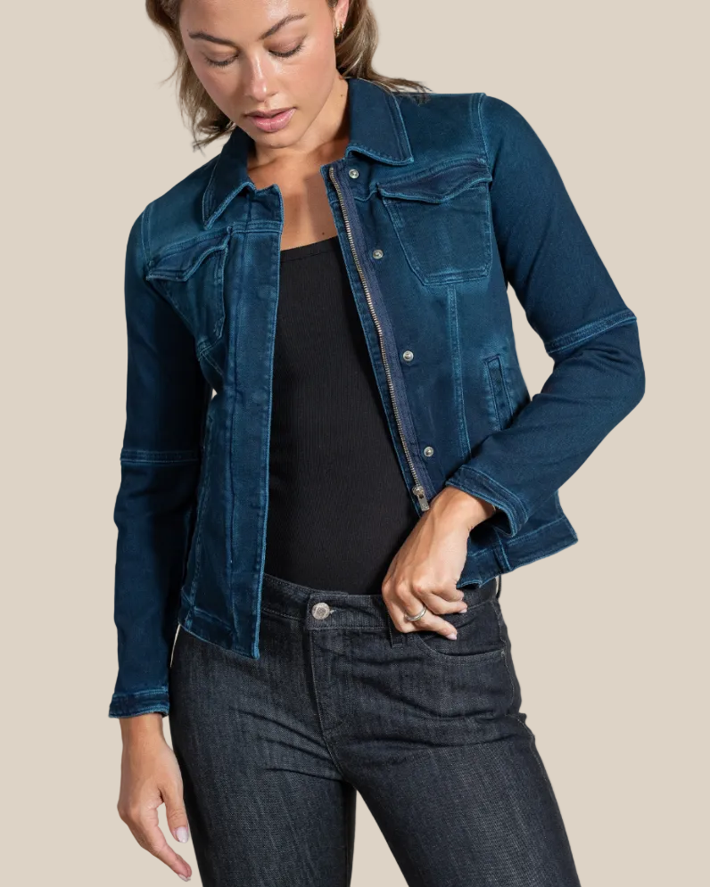 Beale Italian denim jacket for women in dark blue — model front view