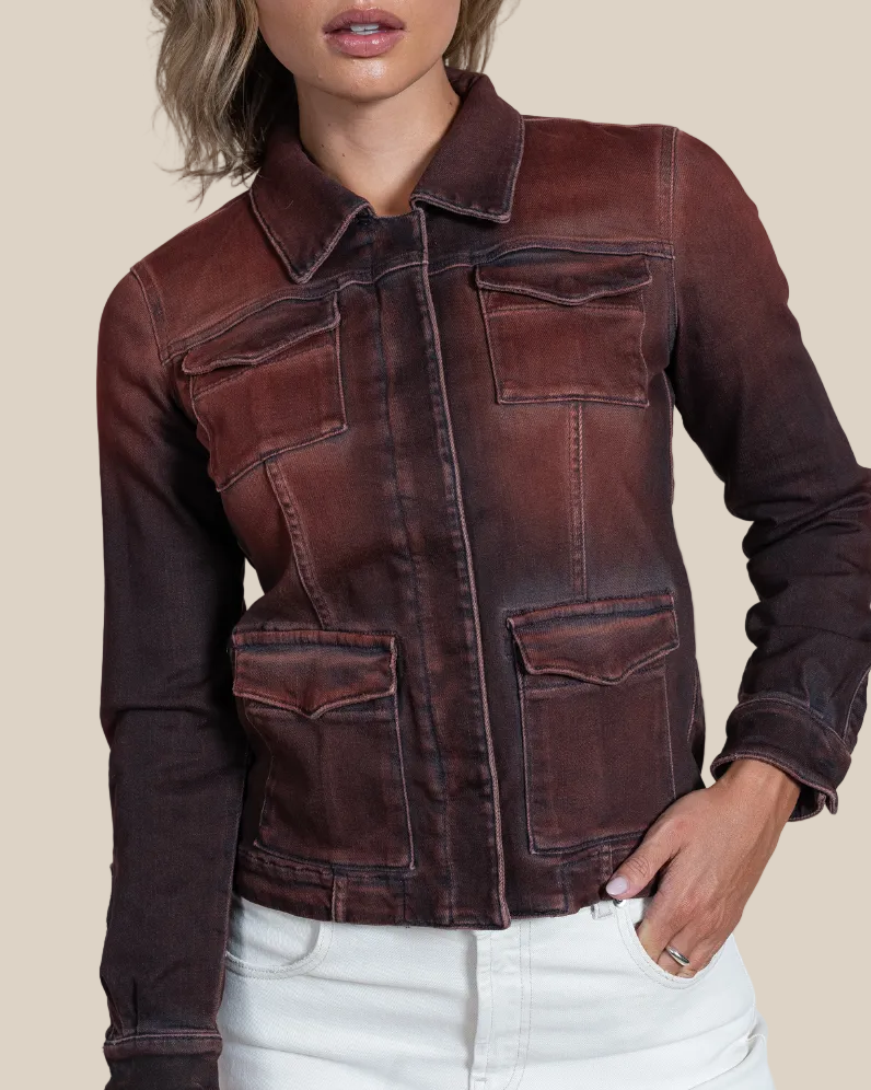 Beale Italian denim jacket for women in rust — model front view