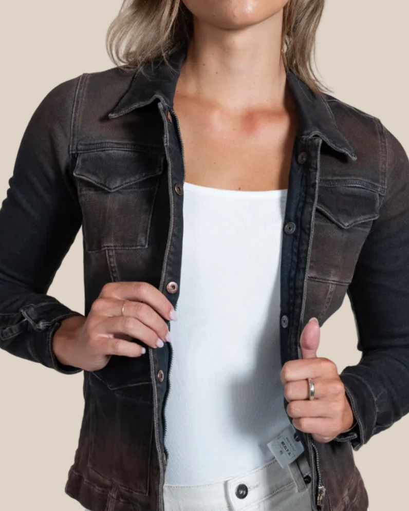 Beale Italian denim jacket for women in desert — model front view
