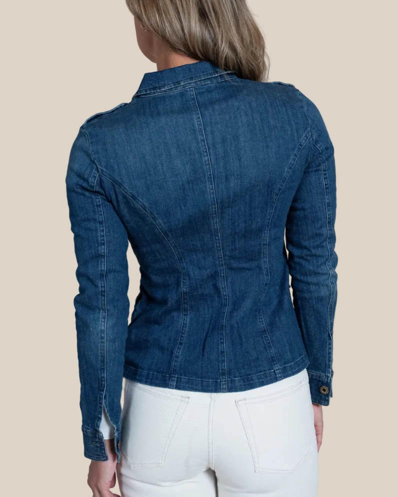 Clelia Italian denim jacket — collar and stitching detail