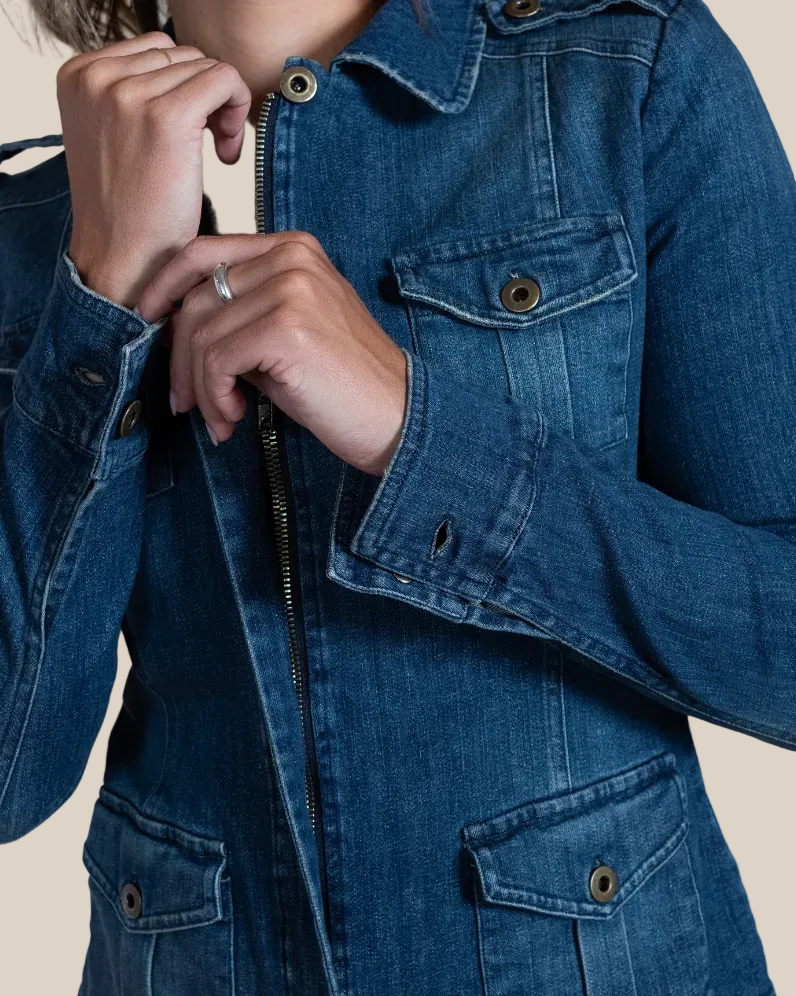 Clelia denim jacket — Italian denim fabric texture close-up