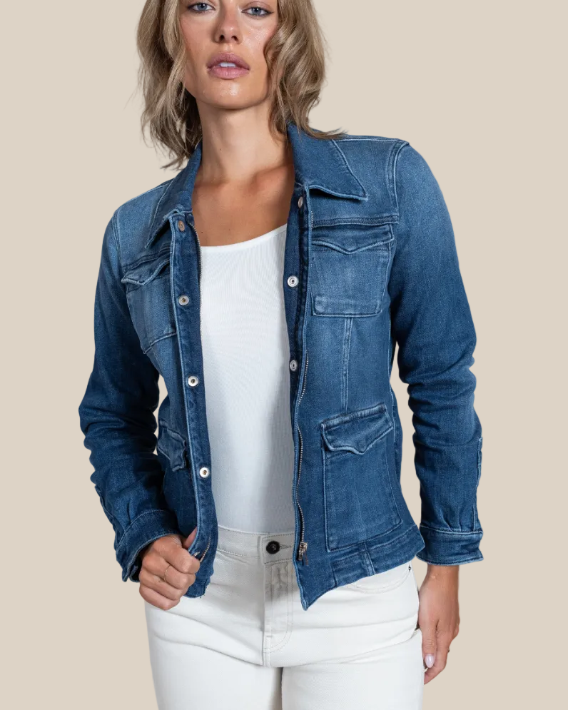 Beale Italian denim jacket for women in mid blue — model front view