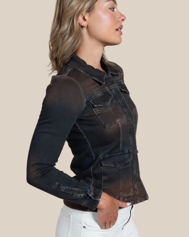 Beale desert Italian denim jacket — stitching and pocket detail