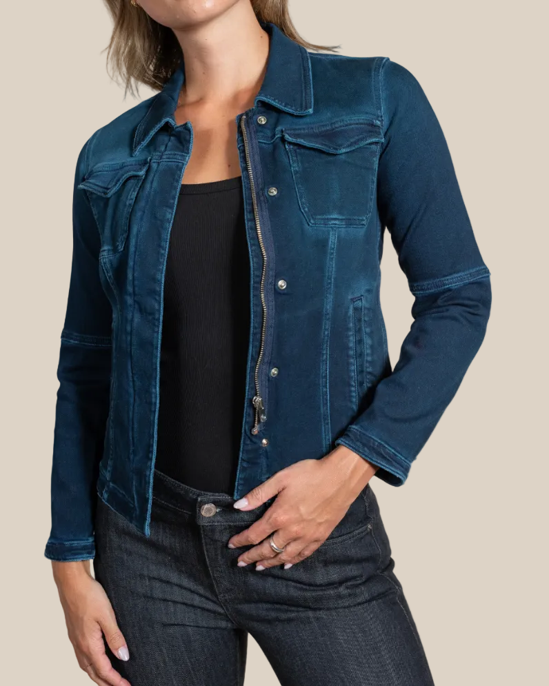Beale dark blue denim jacket — Italian denim fabric close-up