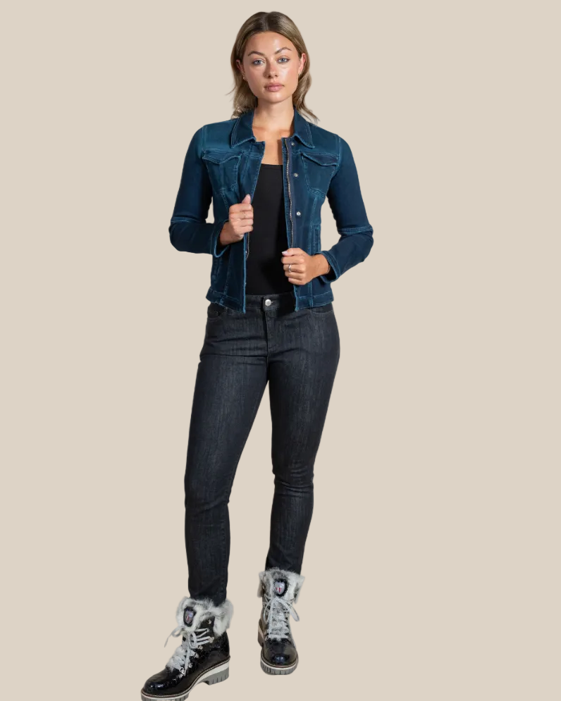 Beale dark blue denim jacket — collar and lapel detail
