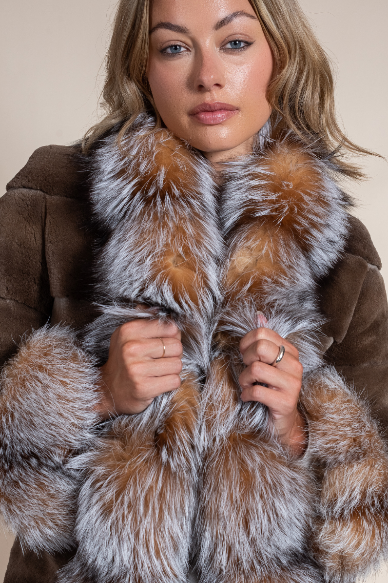 Women’s Sheared Mink Jacket with Crystal Fox Collar & Cuffs | Hyde Luxury Apparel