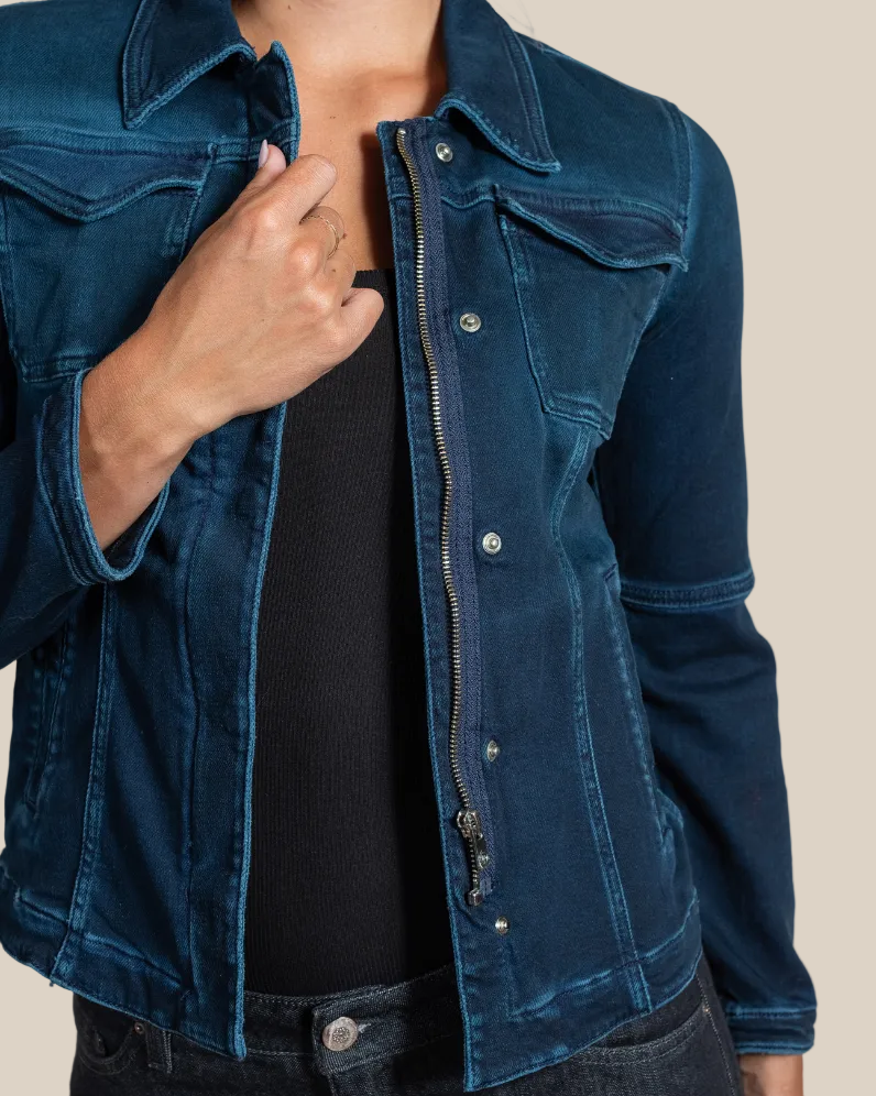 Beale dark blue denim jacket — back view