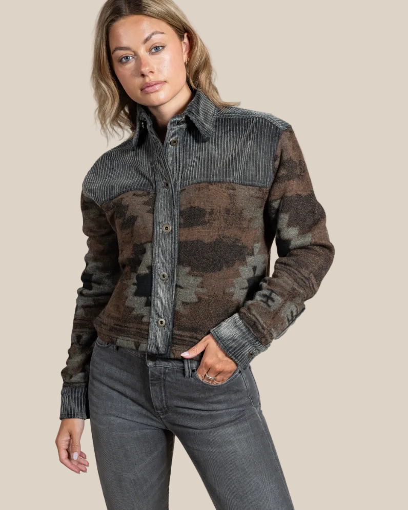 Kaiah Anthracite cropped wool & corduroy heritage overshirt for women — front view