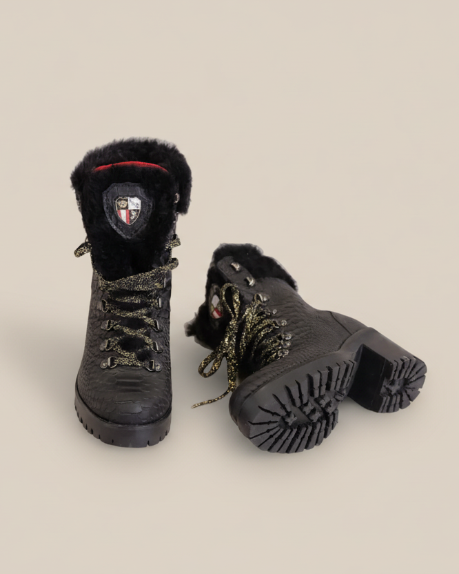 Black winter boots with fur lining on a white background