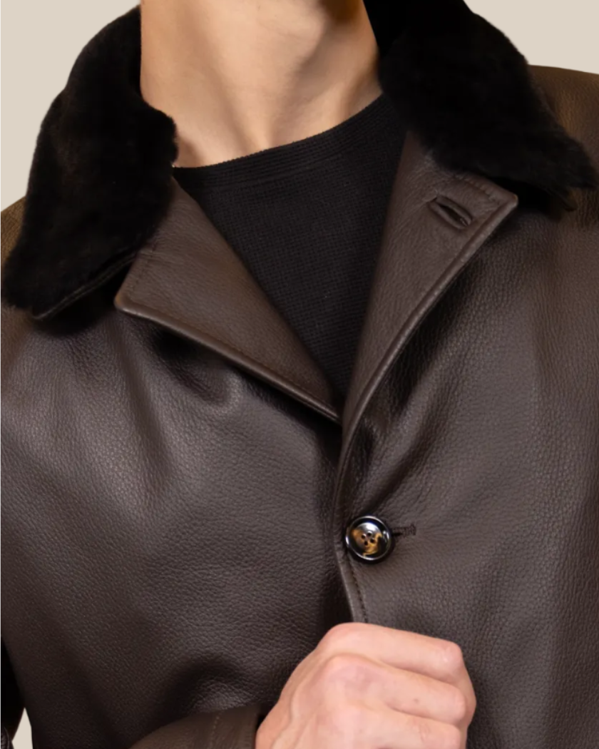 Man wearing a dark brown leather coat with a fur collar on a brown background