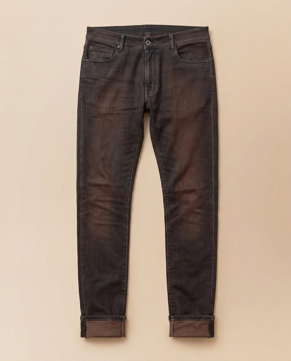 HYDE Cobra APD Selvedge Denim in charcoal-blue washed Italian selvedge, flat-lay front view showing the five-pocket construction, tailored mid-rise fit and cuffed hem