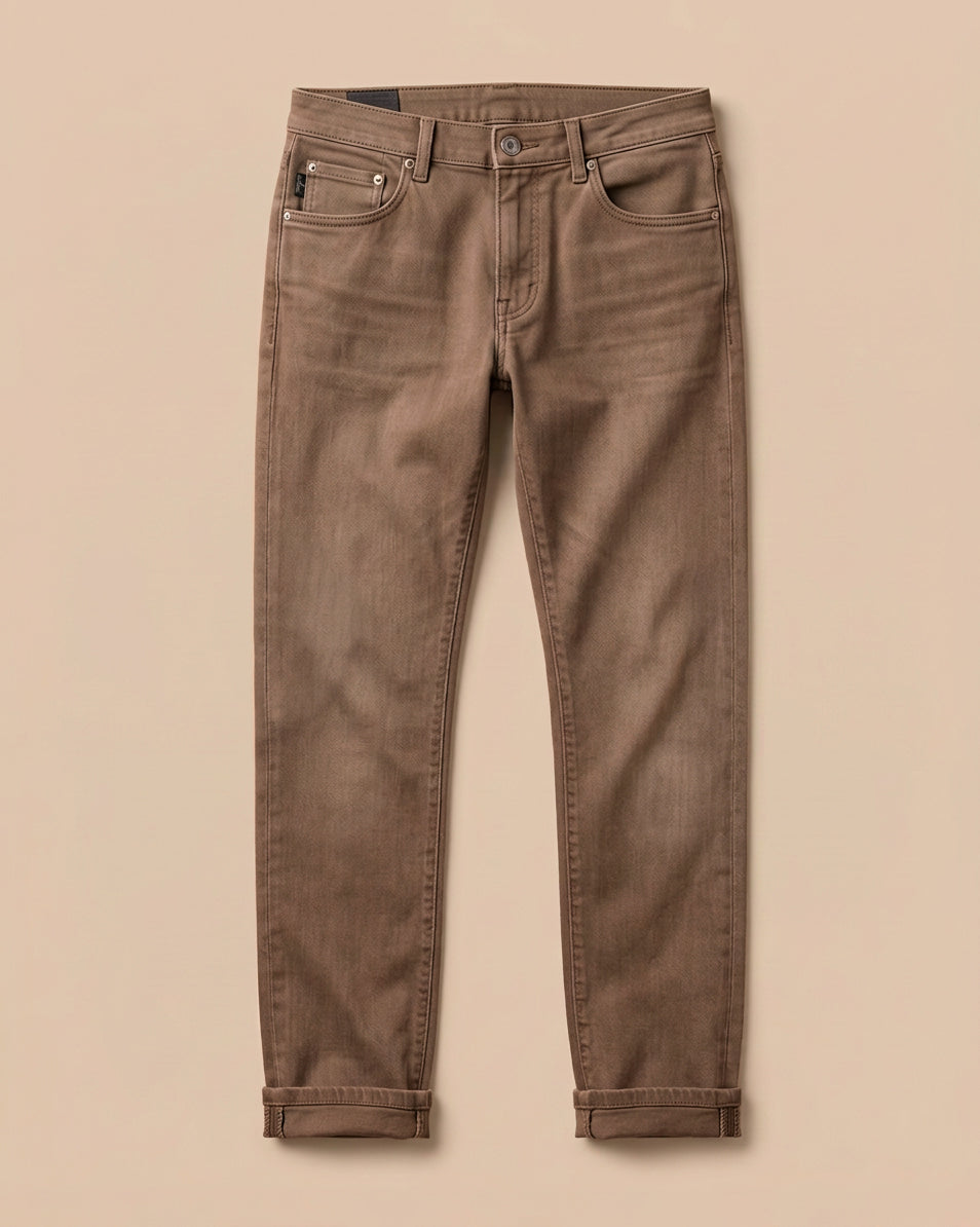 HYDE Cobra HBE Stretch Pant in Liquirizia cotton-elastane stretch twill, flat-lay front view showing the five-pocket construction, tailored slim leg and cuffed hem