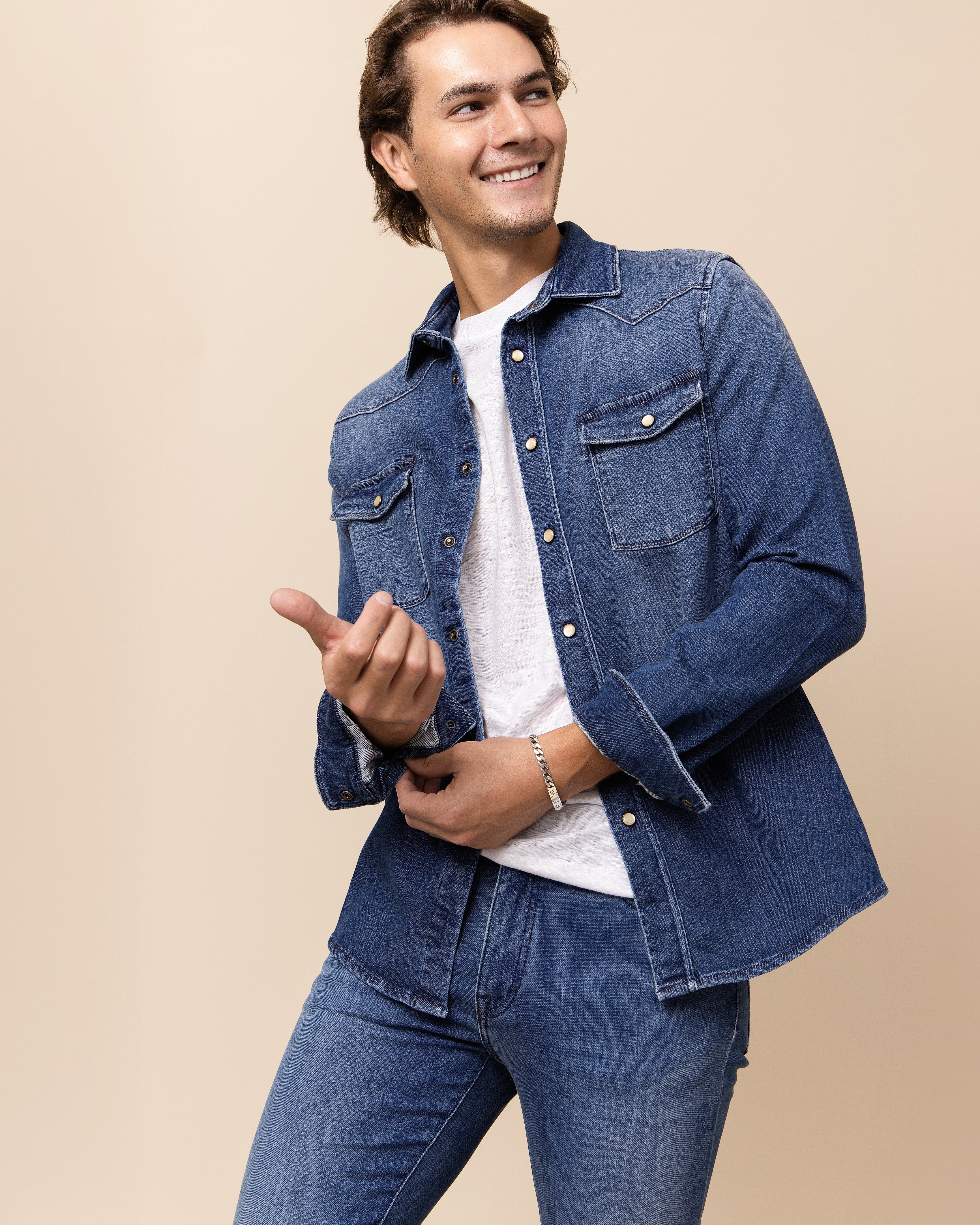 Medium blue Italian stretch denim jeans by Teleria Zed for HYDE, 32 inch inseam with 7.5 inch leg opening