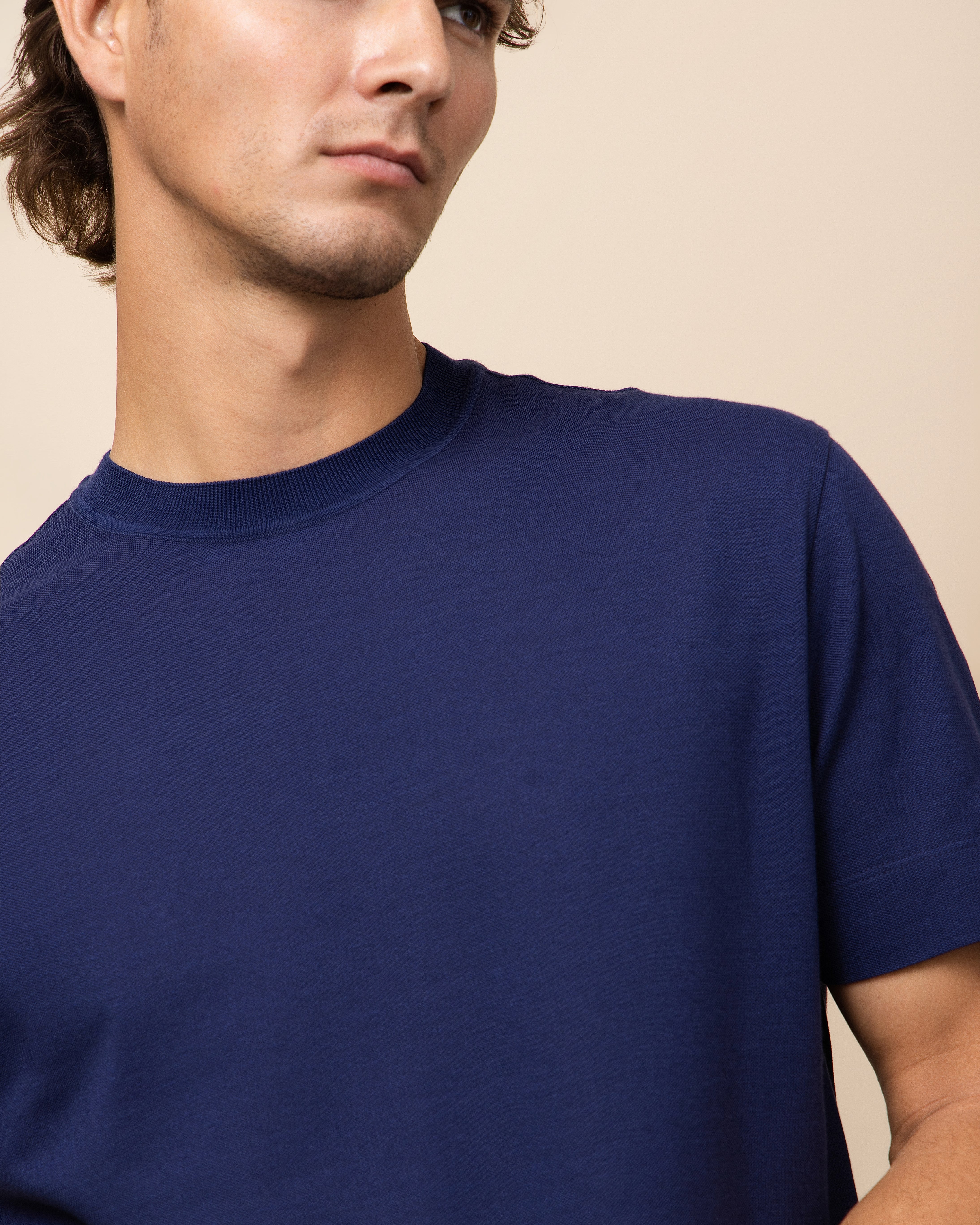HYDE Como navy luxury crew neck tee, Italian silk-cotton pique drape and refined shoulder line