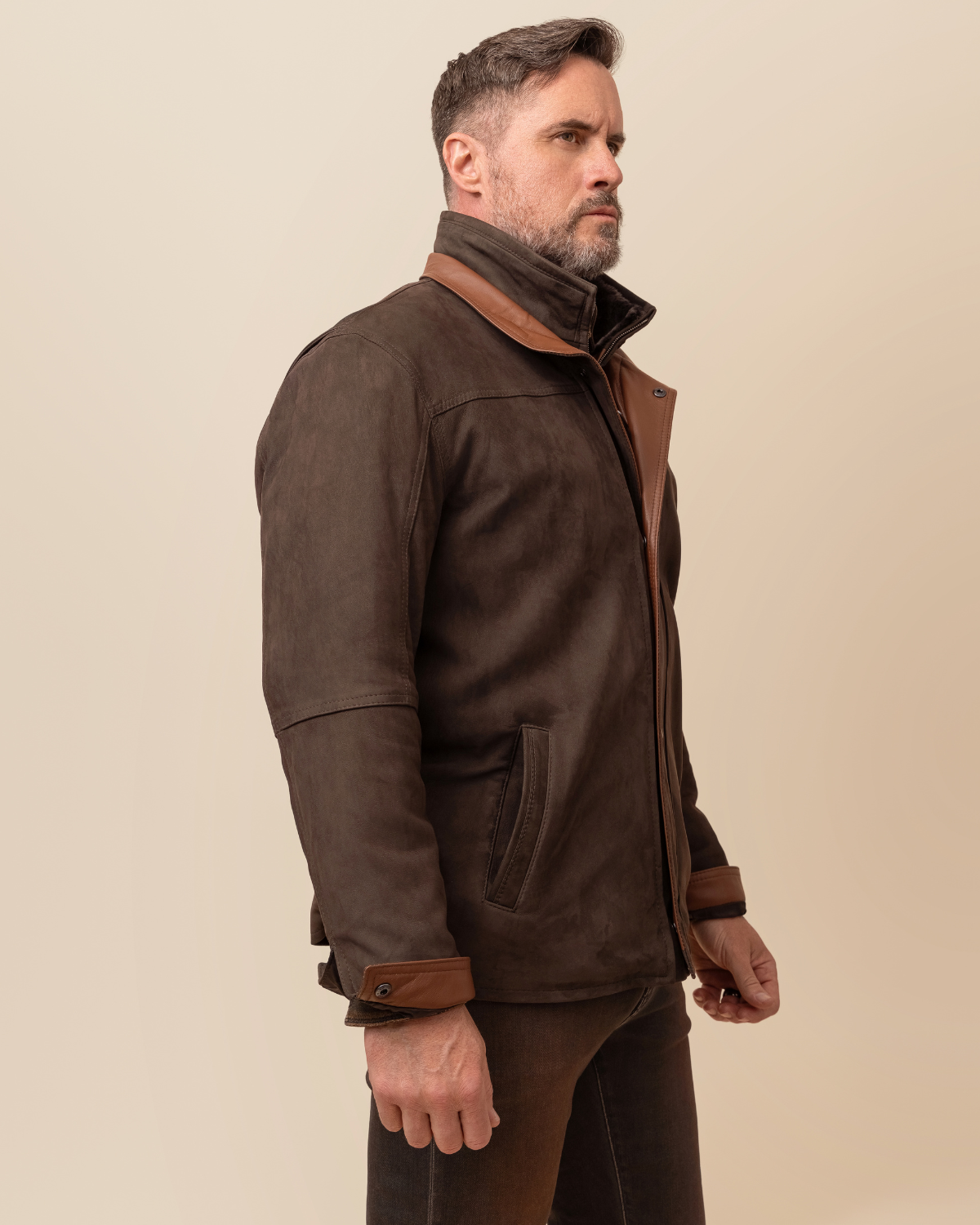 HYDE Bishop Field Jacket — Mocha nubuck with timber Napa placket and trim, detachable shearling collar, 100% wool lined, handcrafted in Los Angeles