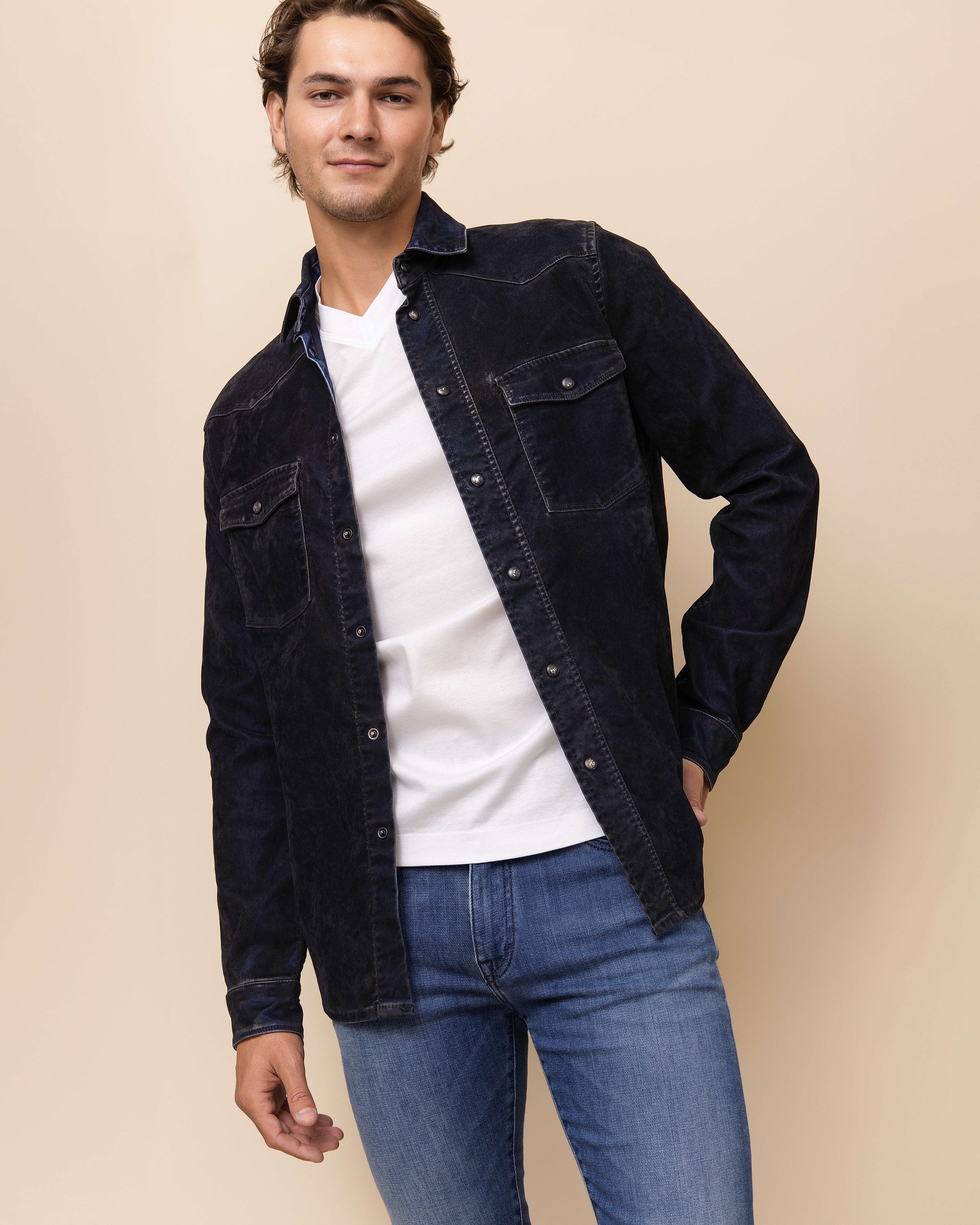 HYDE Durango blue oxford Western snap shirt by Teleria Zed, men's Italian cotton-sateen hand-dyed Western shirt