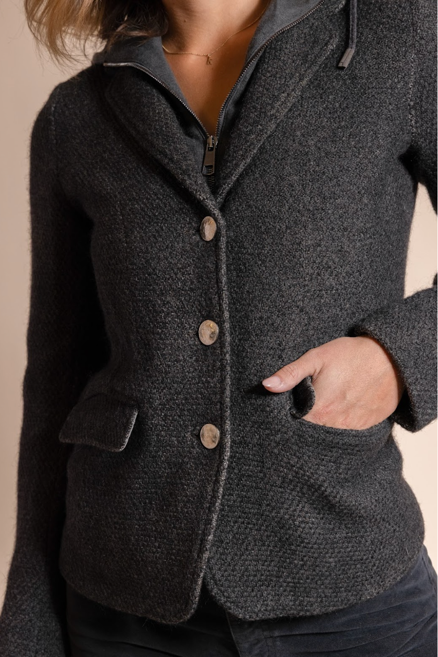 Dark gray textured jacket with buttons on a neutral background