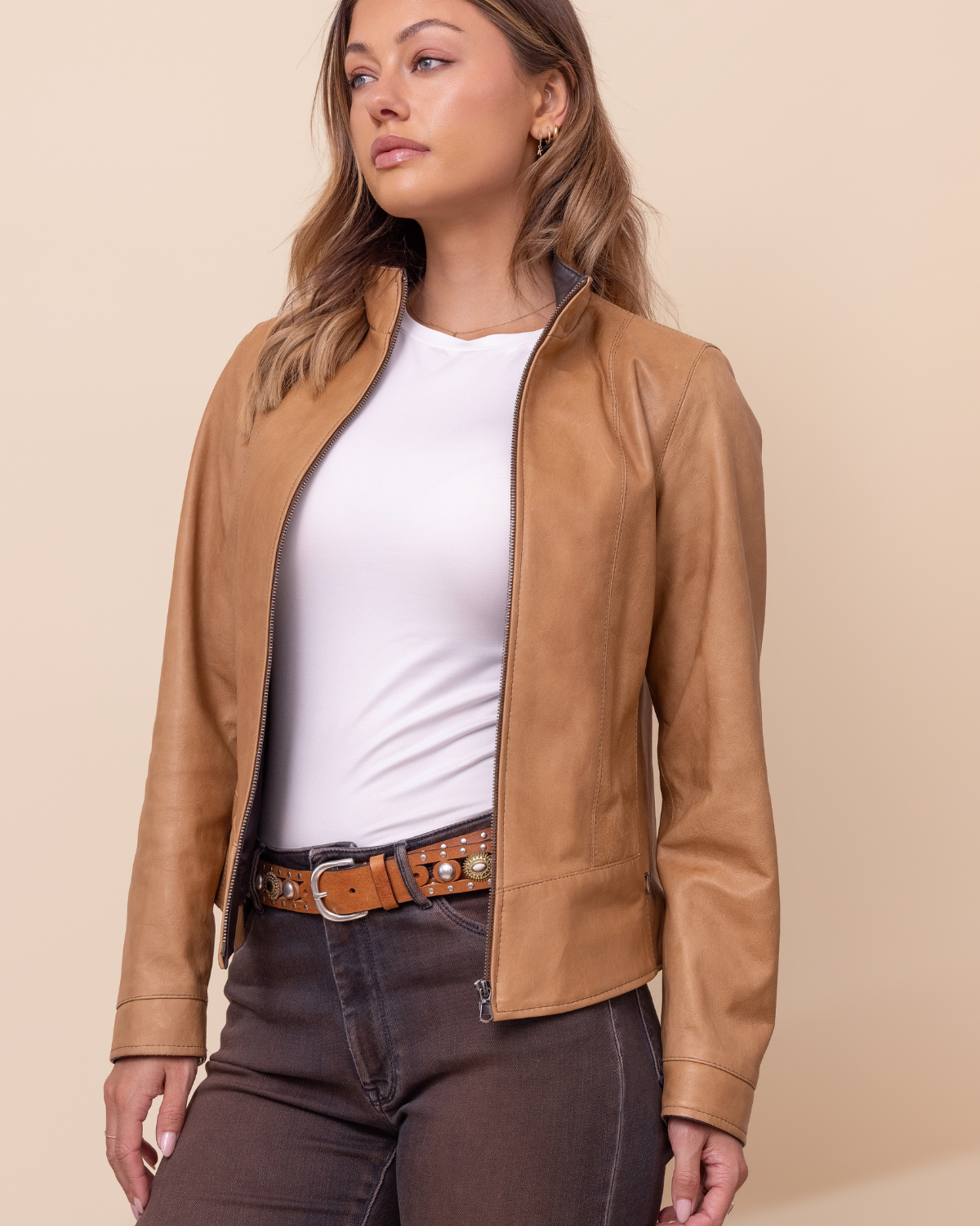 HYDE Sienna Jacket in Sand Rustic — front view, waxy distressed lambskin with Rustic Napa trim and high stand collar, handcrafted in Los Angeles