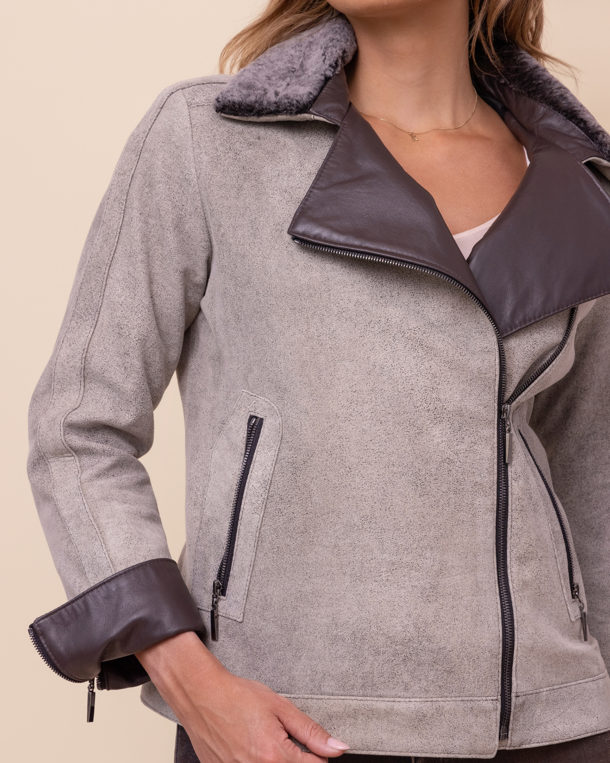 HYDE Elara Jacket — side view, Diego Rustic distressed lambskin with shearling collar and asymmetrical zip, handcrafted in Los Angeles