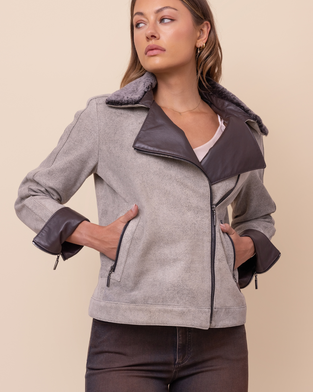HYDE Elara Jacket — Rustic Napa trim on pockets and cuffs against Diego Rustic distressed lambskin, 10 stitches per inch