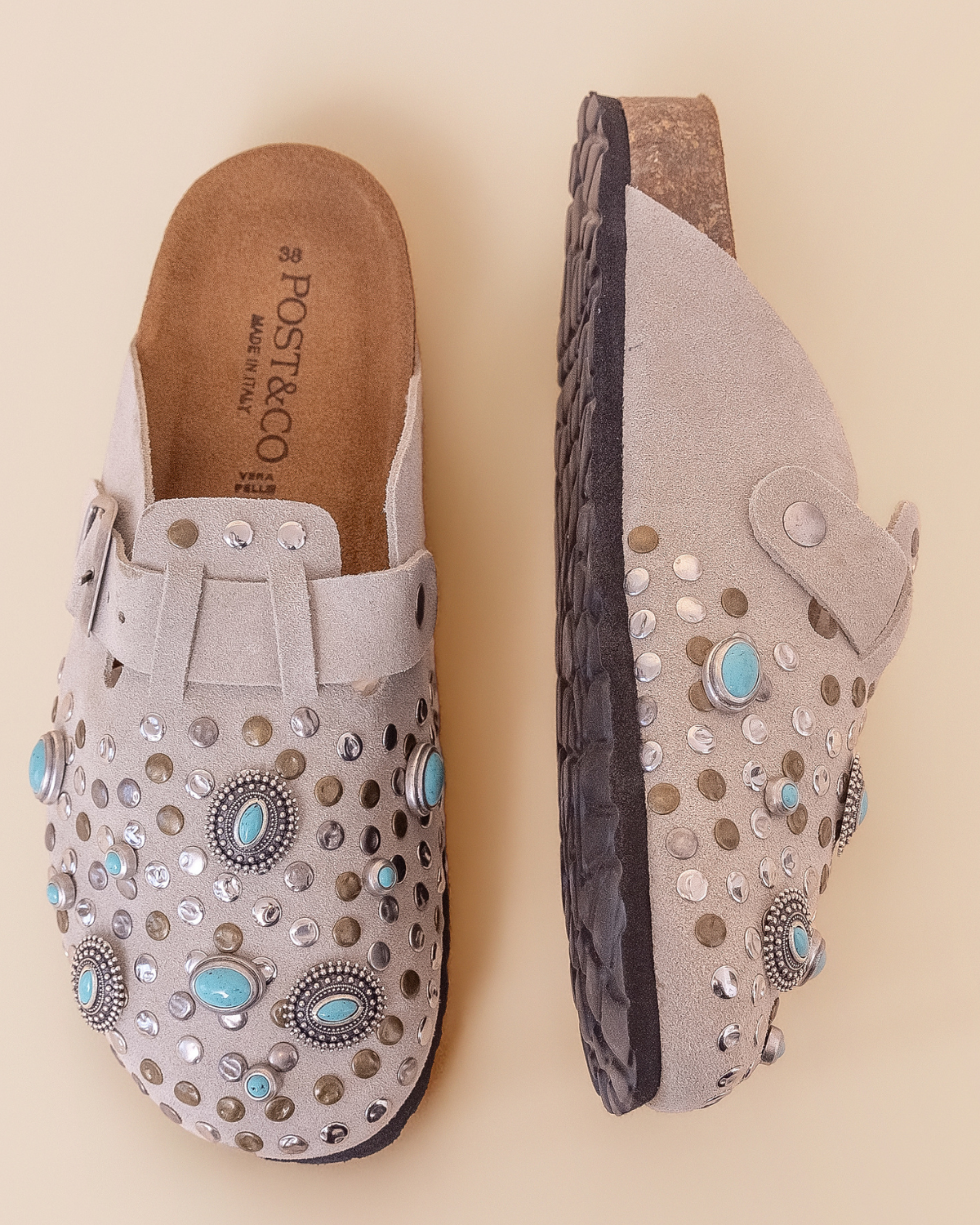 close-up — studs and conchos on Malta grey camoscio suede