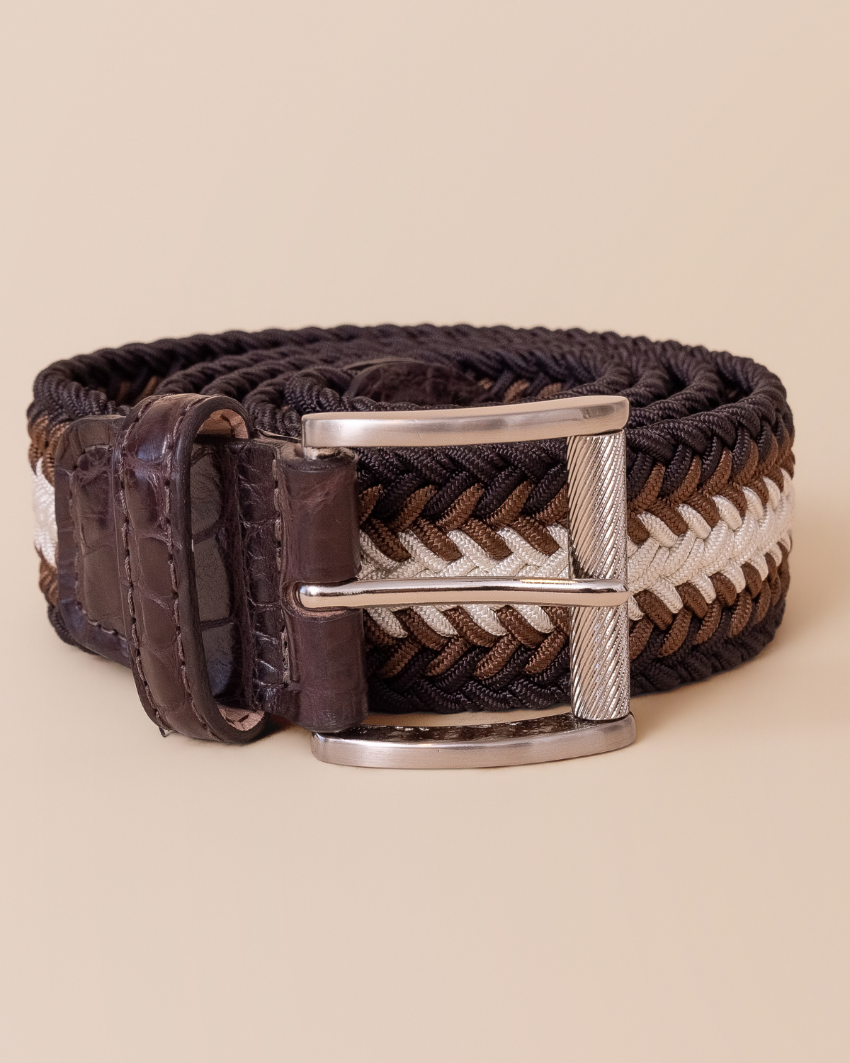 Italian woven braid with alligator trim in chocolate tone