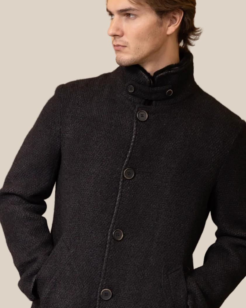 English Ribbed Virgin Wool Mohair Coat in Charcoal