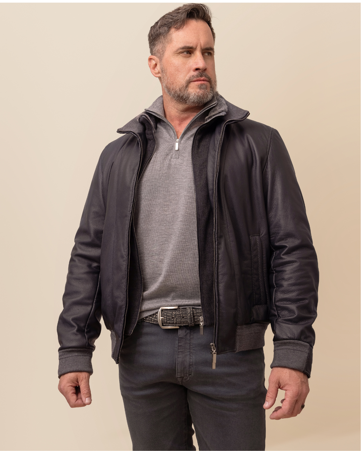 HYDE Vercelli Italian Deerskin Bomber Jacket in Midnight Navy — full front view, handmade in Italy