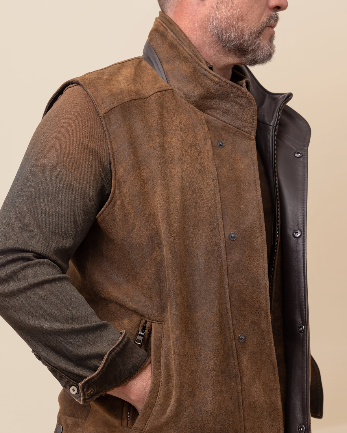 HYDE Sutter Vest — back view, tailored silhouette with adjustable snap side tabs, distressed English lambskin, USA-made