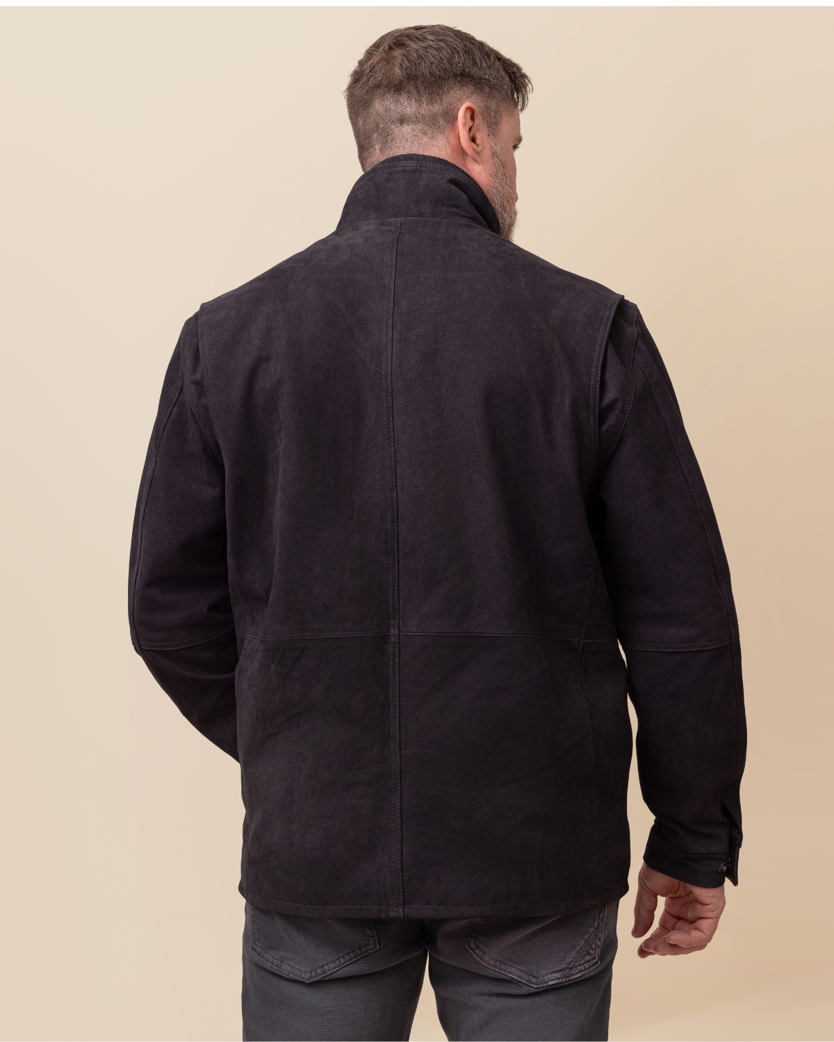 HYDE Bishop Field Jacket — styled view, Ace Rustic Black calfskin nubuck with cognac Napa trim and wool tweed lining