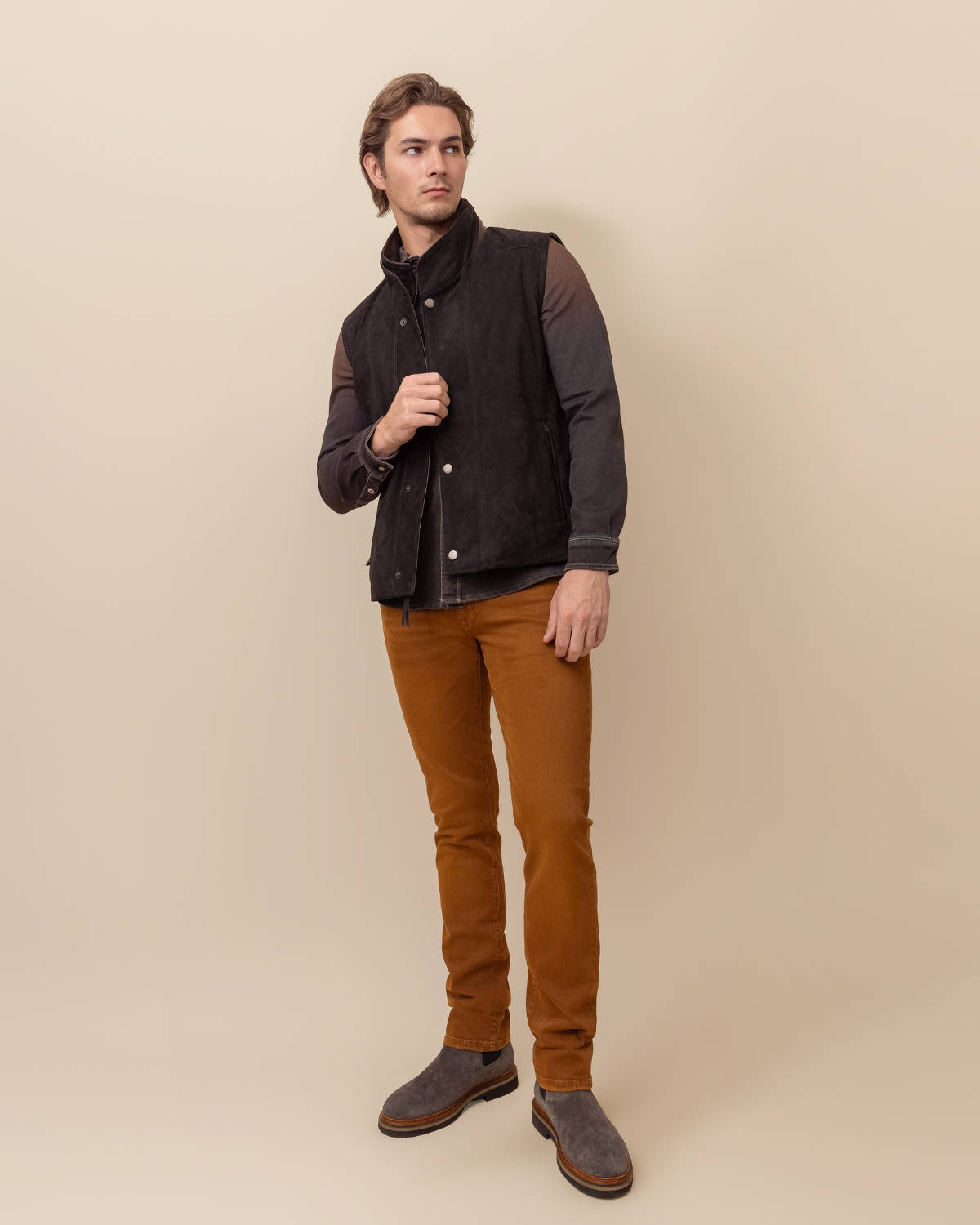HYDE Sutter Washed Lambskin Leather Vest in Ace Rustic Black — full front view, handmade in the USA
