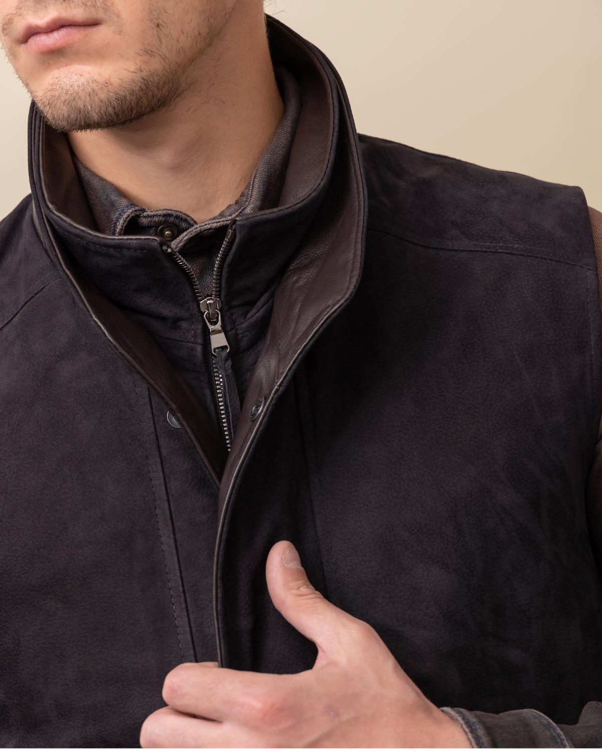 Sutter Vest by HYDE — dual vertical zip hand pockets and smooth tonal leather trim detail, Ace Rustic Black
