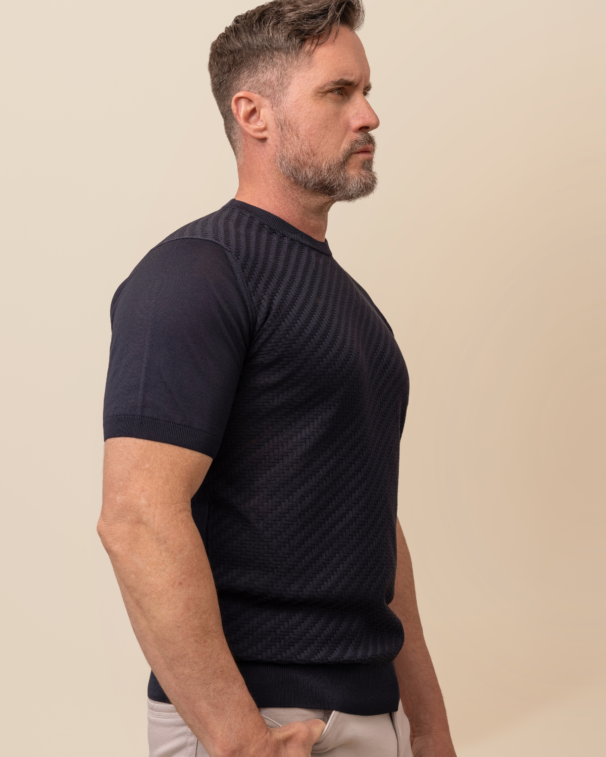 Monterosso Silk Crew by HYDE in Midnight Navy — styled view, fine-gauge knit, tailored lightweight fit, made in Italy