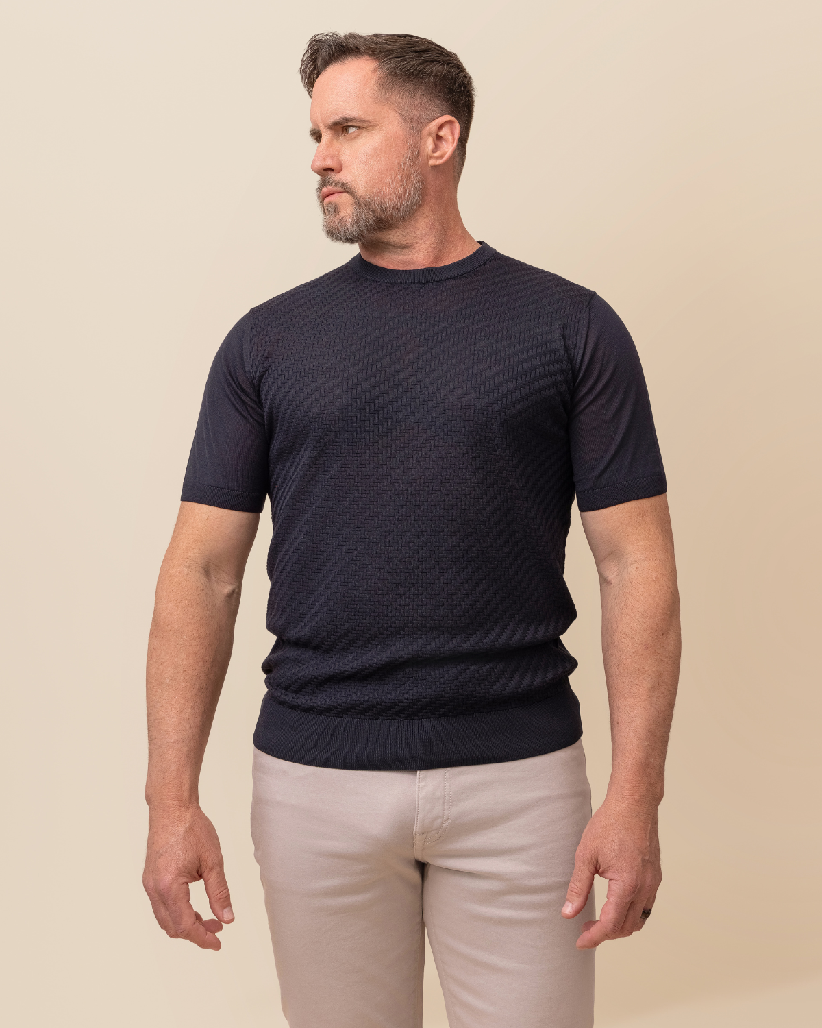 HYDE Monterosso Italian Silk Crew Sweater in Midnight Navy — full front view, 100% silk, crafted in Perugia Italy