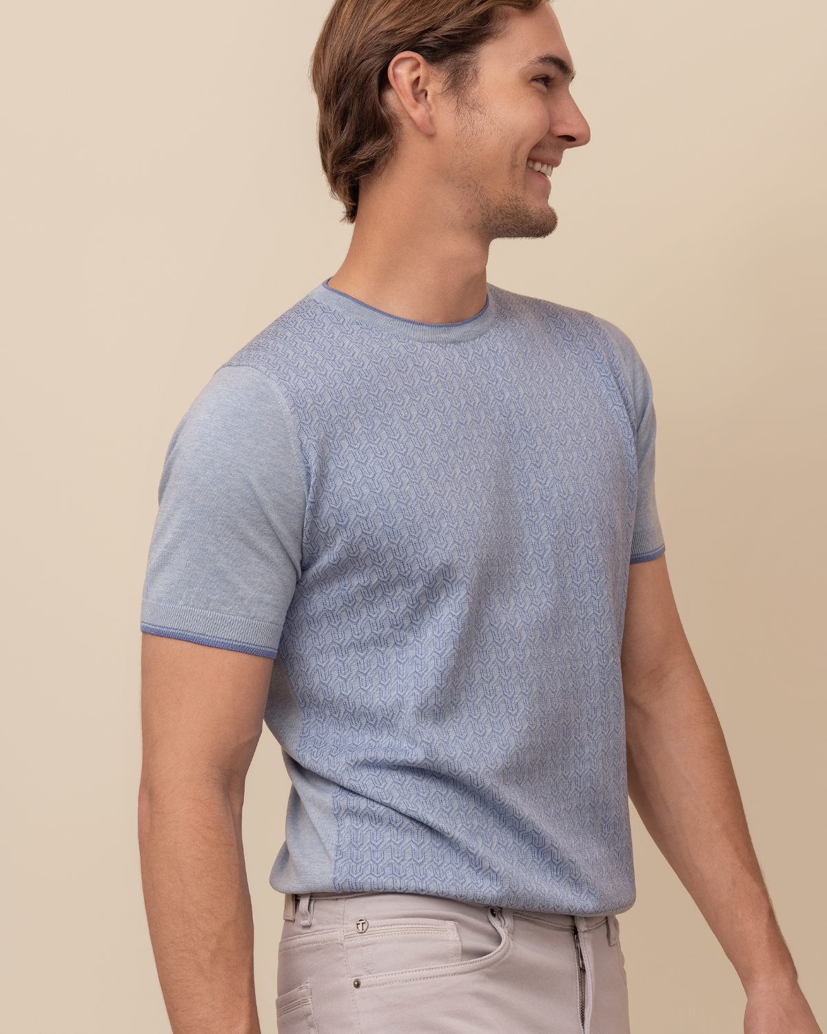 HYDE Arezzo Textured Cotton Silk Crew Sweater in Cielo Horizon — full front view, crafted in Perugia Italy