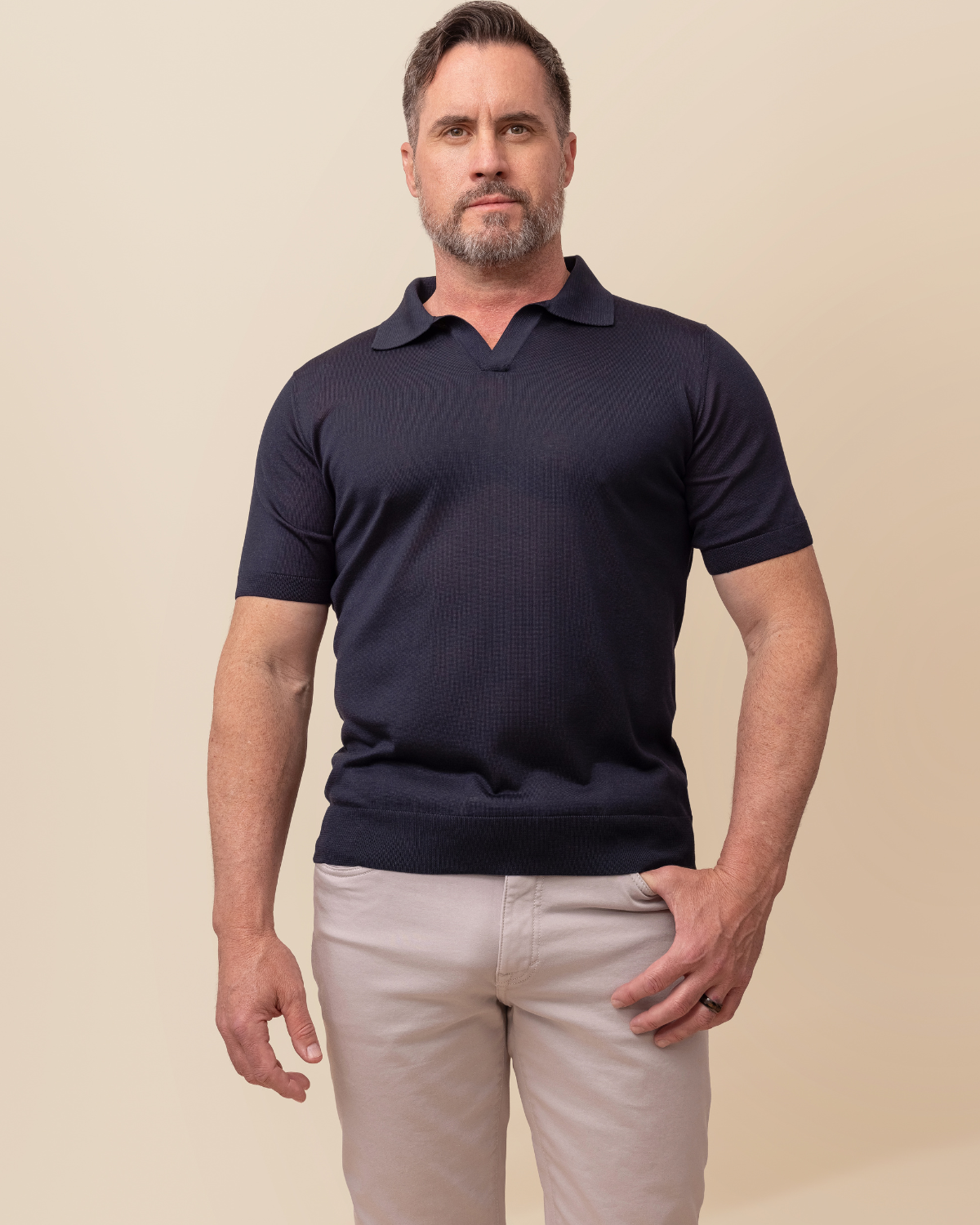 HYDE Portofino Silk Polo Sweater in Midnight Navy — full front view, 100% silk, crafted in Perugia Italy