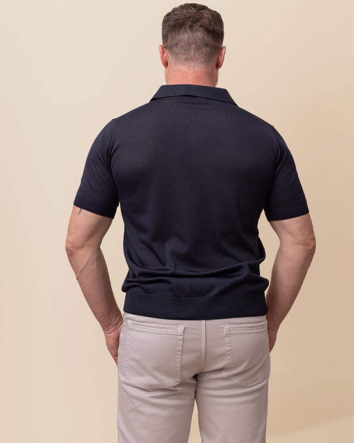Portofino Silk Polo by HYDE — Midnight Navy fine-gauge Italian knit detail, open collar, fully fashioned construction