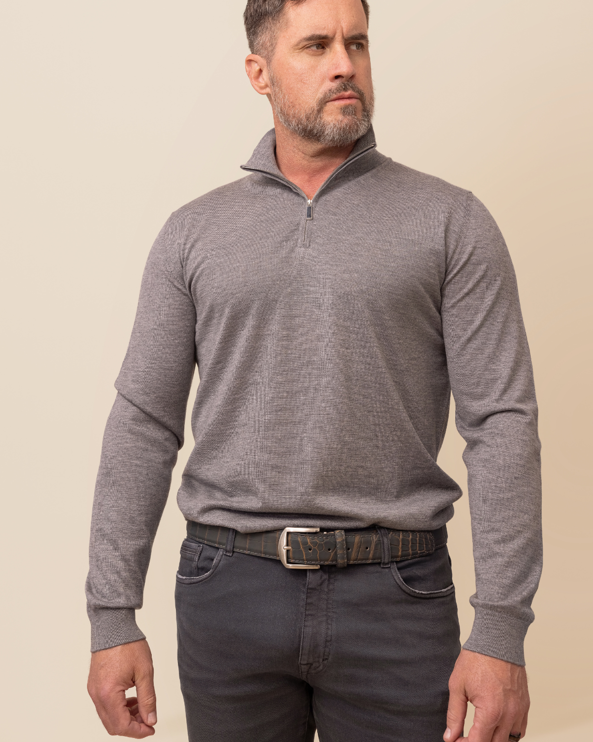 HYDE Valdoro Cashmere Silk Quarter-Zip Sweater in Grigio Mélange — full front view, 70% cashmere 30% silk, crafted in Perugia Italy