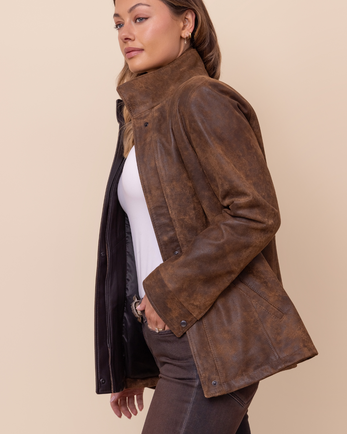 HYDE Cassia Jacket — angled slash hand pocket detail, Arizona Cognac buffed distressed lambskin, 10 stitches per inch