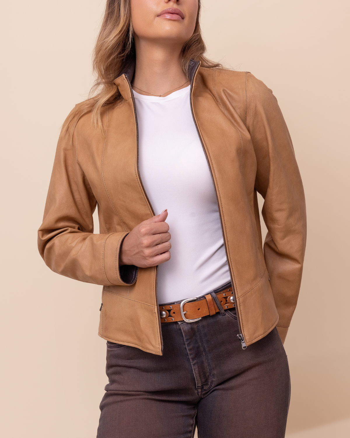 HYDE Sienna Jacket — Sand Rustic waxy distressed lambskin, full zip-front closure and stand collar, USA-made