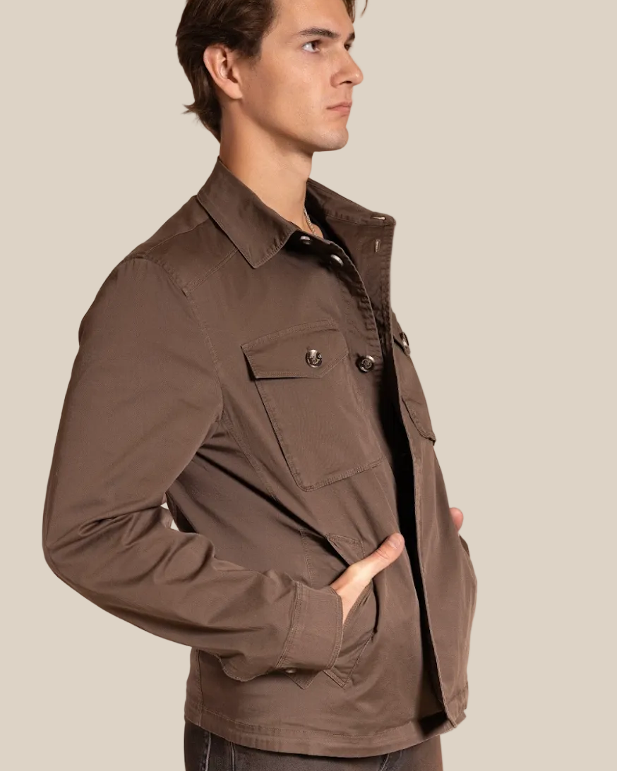Man wearing a brown jacket on a beige background