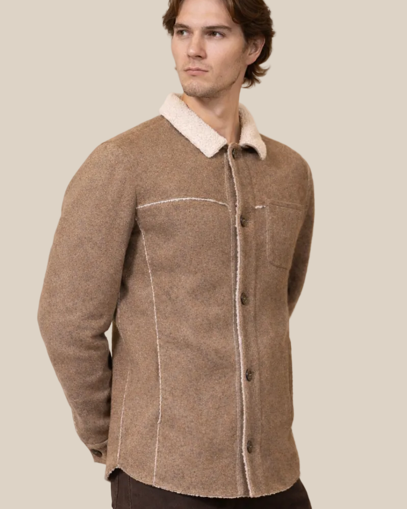 HYDE Camel Italian Wool Blend Jacket for Men | Luxury Workwear-Inspired Coat with Shearling Collar