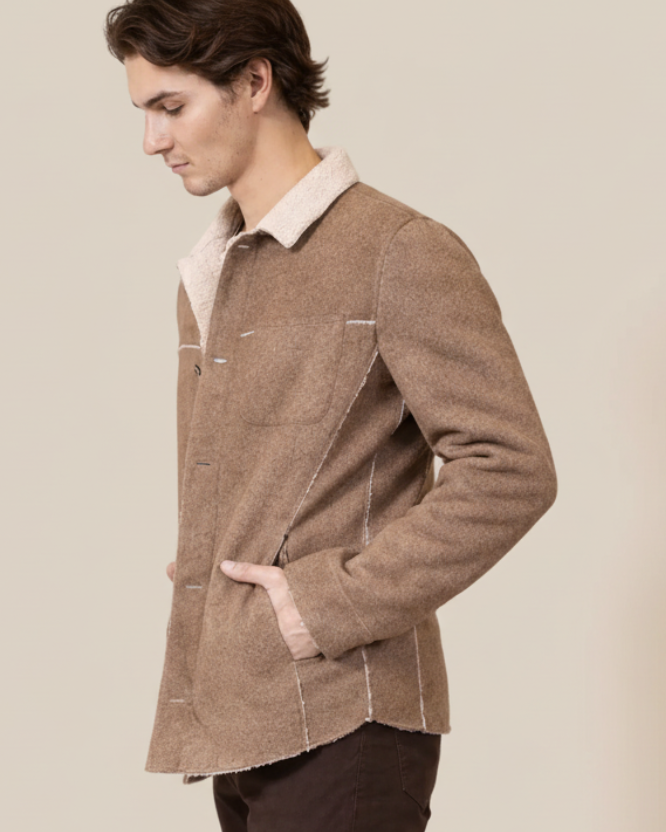 Man wearing a brown coat with a beige collar against a neutral background