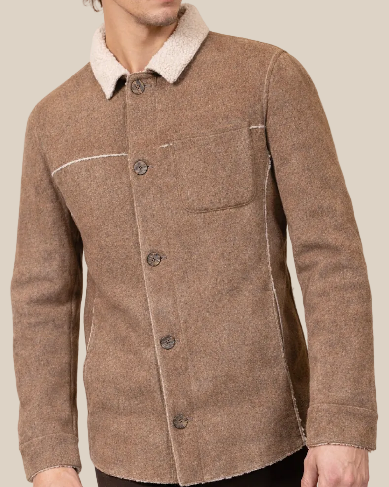 Brown jacket with a white collar on a white background