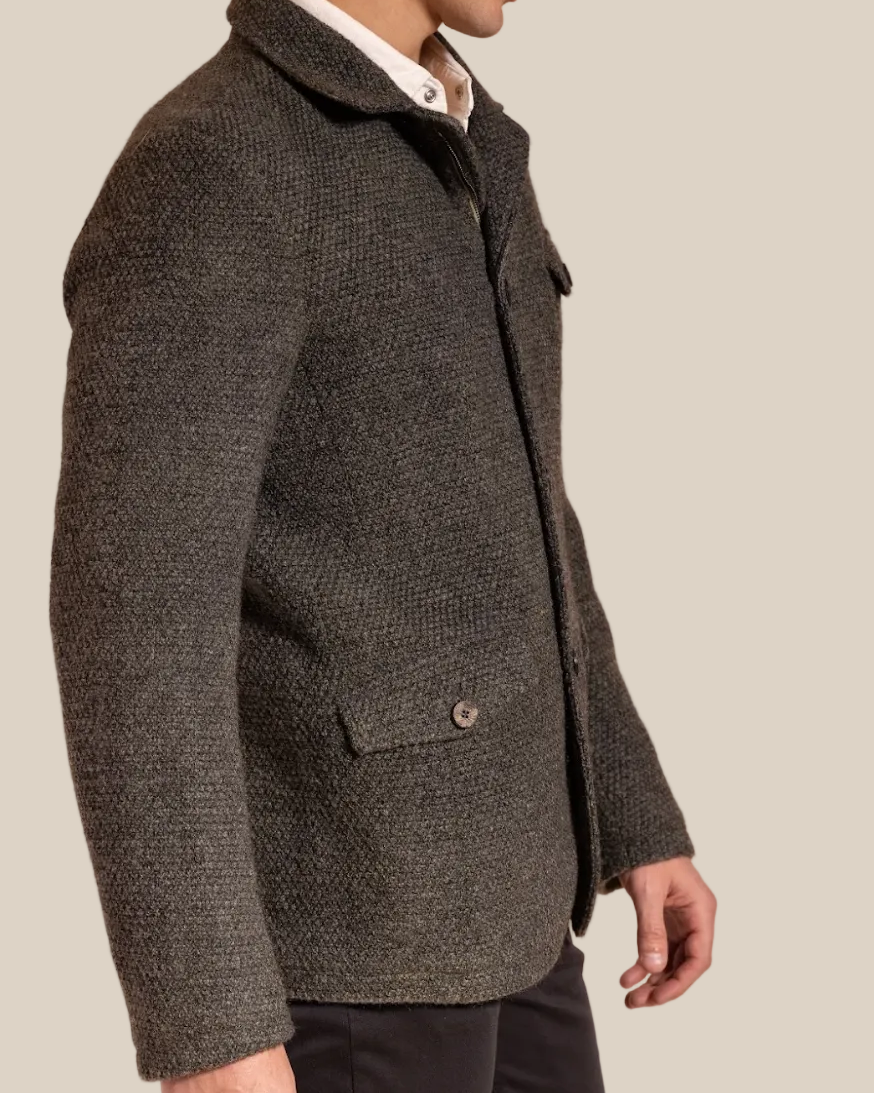 Man wearing a textured brown coat on a beige background