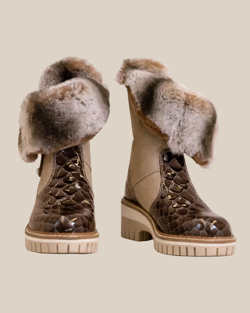 Juliona Taupe Fur-Lined Leather Winter Boots for Women | Italian Luxury