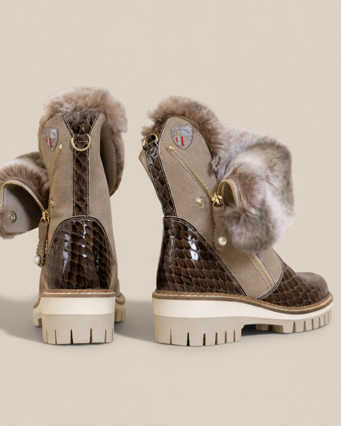 Pair of brown winter boots with fur trim on a white background