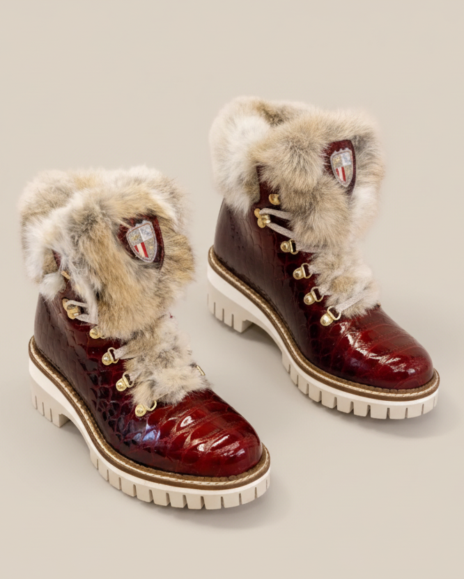 Pair of brown winter boots with fur trim on a white background